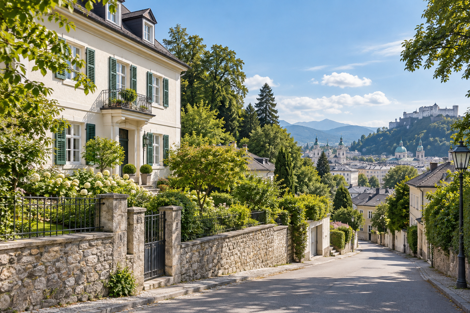 Wohnhaus und Zufahrt am grünen Hang – KI-Symbolbild