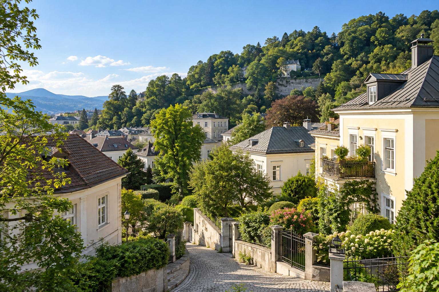Wohnhäuser vor einem bewaldeten Stadtberg – KI-Symbolbild